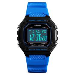 TONSHEN Unisex Herrenuhr Damenuhr Outdoor Militär Sportuhr 50M Wasserdicht LED Elektronik Digitaluhr Plastik Lünette und Kautschuk Band Uhren Multifunktionale Alarm Datum Armbanduhr (Blau) von TONSHEN