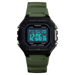 TONSHEN Unisex Herrenuhr Damenuhr Outdoor Militär Sportuhr 50M Wasserdicht LED Elektronik Digitaluhr Plastik Lünette und Kautschuk Band Uhren Multifunktionale Alarm Datum Armbanduhr (Grün) von TONSHEN