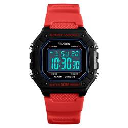 TONSHEN Unisex Herrenuhr Damenuhr Outdoor Militär Sportuhr 50M Wasserdicht LED Elektronik Digitaluhr Plastik Lünette und Kautschuk Band Uhren Multifunktionale Alarm Datum Armbanduhr (Rot) von TONSHEN