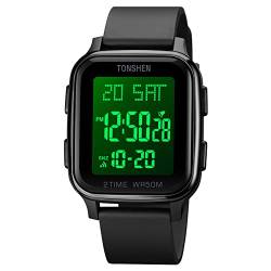 TONSHEN Unisex LED Elektronik Digitaluhr Outdoor Wasserdicht Sportuhr Doppelte Zeit Alarm Countdown Stoppuhr Plastik Uhren mit Kautschuk Band (Schwarz) von TONSHEN