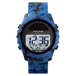 TONSHEN Unisex Solarenergie Outdoor Sportuhr 50M Wasserdicht LED Elektronik Digitaluhr Plastik Lünette und Kautschuk Band Uhren Multifunktionale Alarm Datum Armbanduhr (Blau) von TONSHEN