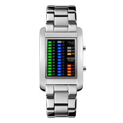 TONSHEN Unisex Sport Digital Binäre Uhr 50M Wasserdicht Cool Uhren Rechteck Edelstahl Armbanduhr 4 Farbe LED Licht Mode Creative Uhren, Silber von TONSHEN