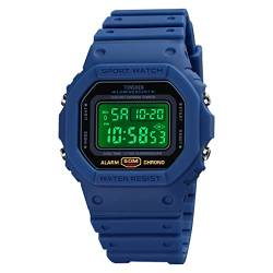 TONSHEN Unisex Sportuhr Digitaluhr LED Elektronik Outdoor Doppelte Zeit Alarm Stoppuhr Plastik Uhren 50M Wasserdicht Countdown Armbanduhr (Blau) von TONSHEN