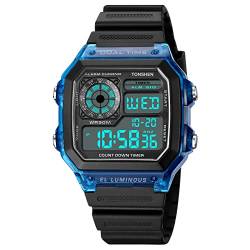 TONSHEN Unisex Wasserdicht Uhr Sportuhr LED Elektronik Digitaluhr Outdoor Militär Multifunktional Plastik Uhren und Kautschuk Band Doppelte Zei Armbanduhr (Blau) von TONSHEN