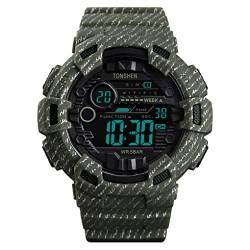 TONSHEN Wasserdicht Herren Uhren Plastik Lünette mit Kautschuk Band Outdoor Militär Digitaluhr LED Elektronik Doppelte Zeit Alarm Stoppuhr Sport Uhren (Grün) von TONSHEN