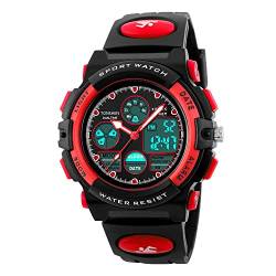 TONSHEN Wasserdicht LED Digital Sport Uhr für Männer Damen Outdoor Militär Plastik Uhren mit Silikon Band Armbanduhr Doppel Zeit Analog Quarzuhr, Rot von TONSHEN