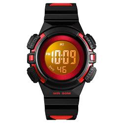 TONSHEN kinderuhr Junge Mädchen Digital Uhren Sportuhr 50M Wasserdicht Mehrfarbig LED Licht Outdoor Militär Multifunktional Alarm Stoppuhr Armbanduhr (Rot) von TONSHEN