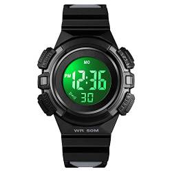 TONSHEN kinderuhr Junge Mädchen Digital Uhren Sportuhr 50M Wasserdicht Mehrfarbig LED Licht Outdoor Militär Multifunktional Alarm Stoppuhr Armbanduhr (Schwarz) von TONSHEN