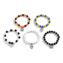TONXX 5-teiliges Halloween-Kürbis-Schädel-Fledermaus-Anhänger-Armband-Set für Frauen, bunte Perlen-Handketten-Armbänder, Party-Schmuck, Geschenk von TONXX