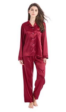 Tony & Candice Damen Schlafanzüge Lang Satin Lang Pyjama Set Nachtwäsche (Burgund mit Schwarzem Keder, L) von TONY AND CANDICE