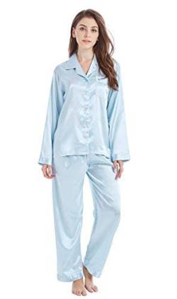 Tony & Candice Damen Schlafanzüge Lang Satin Lang Pyjama Set Nachtwäsche (M, Hellblau) von TONY AND CANDICE