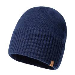 TOP-EX XL/XXL 100% Merinowolle Beanie Mütze, Wintermuetze Herren Damen, Fisherman Beanie Trawler Mütze, Strickmuetze, Warme Fleece Futter Navy Blau XL/XXL von TOP-EX