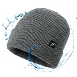 TOP-EX wasserdichte Wintermütze Herren & Damen, Warme Fleece-gefütterte Strickmütze Beanie, Atmungsaktive Outdoor Lauf- & Skimütze, Winddichter Regenschutz, Herrenmütze Grau S/M von TOP-EX