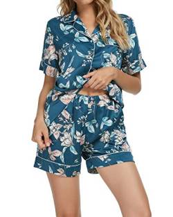 TOP-VIGOR Schlafanzug Damen mit Knopfleiste Kurzarm Satin Pyjama Set Sleepwear Zweiteilige mit Knöpfen Verschluss Weich Nachtwäsche von TOP-VIGOR