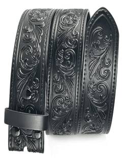 TOPACC Western-Gravierter Ledergürtel für Damen und Herren, ohne Schnalle, 3,8 cm Breite, Schwarz-145, Fit waist: 38-40 in von TOPACC