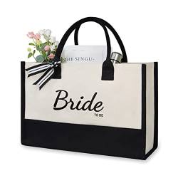 TOPDesign Canvas Bride Tote Bag, Geschenke für Verlobung, Brautdusche, Junggesellinnenabschied, Hochzeitsfeier, klassische schwarz-weiße Tragetasche, schwarz / weiß, 17" x 11.8" x 7.8", Bride To Be von TOPDesign