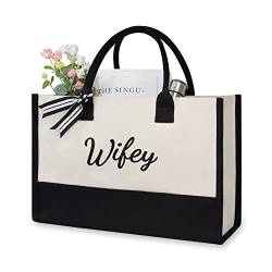 TOPDesign Canvas Bride Tote Bag, Geschenke für Verlobung, Brautdusche, Junggesellinnenabschied, Hochzeitsfeier, klassische schwarz-weiße Tragetasche, schwarz / weiß, 17" x 11.8" x 7.8", Wifey von TOPDesign