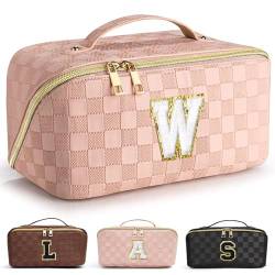 Reise-Make-up-Tasche, personalisierbar, Initialen-Make-up-Tasche, PU-Leder, wasserdicht, Kulturbeutel, karierte Kosmetiktasche mit Griff und verstellbarem Leoparden-Riemen, Reise-Geschenke für Frauen, von TOPEAST