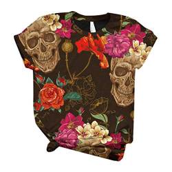 TOPEREUR Totenkopf T-Shirt Damen T Shirt 3D Druck Lustig Coole Skull Tshirts Kurzarm Sommer Blumen Tops Lose Große Größen Rundhals Bluse Oversize Oberteile Tee (Beige, XL) von TOPEREUR