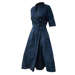 Damen-Frühling/Sommer, lässig, lockere Passform, mittlere Ärmel, V-Ausschnitt, hohe Taille, Schnürgürtel, A-Swing-Hemdkleid Kleider Damen Festlich Weihnachten (Blue, XXL) von TOPKEAL