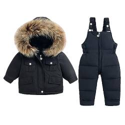 TOPKEAL Einfarbiger Schneeanzug für Kleinkinder im Winter für Mädchen und Jungen, Latzhose und Kapuzenjacke mit Reißverschluss 5 Jahr (Black, 2-3 Years) von TOPKEAL