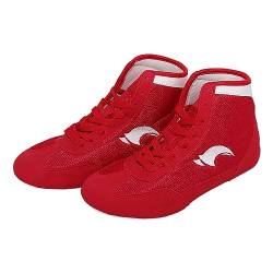 TOPKEAL Kinder Boxschuhe High Top Training Wrestling Schuhe Lange Stiefel Boxschuhe Wettkampftraining Sneaker Für Jungs 39 (Red, 30.5 Little Child) von TOPKEAL