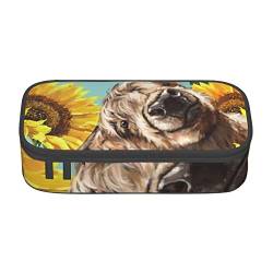 TOPUNY Cow With Sunflowers In Blue Printing Large Capacity Pencil Case, Pencil Pouch, Portable Stationery Bag, Multifunctional Organizer von TOPUNY
