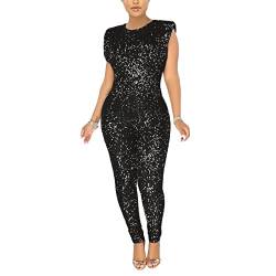 TOSHIKII Schwarzer Pailletten-Jumpsuit, Damen-Playsuit mit goldenem Glitzer, ärmellose, glitzernde Lange Hose für Damen, ohne Gürtel von TOSHIKII