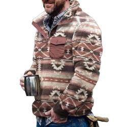 TOSHIKII Western-Azteken-Fuzzy-Sweatshirt für Herren, Fuzzy-Sherpa-Pullover mit Azteken-Print für Herren, Fuzzy-Sweatshirt mit Stammesmotiv und 1/4-Reißverschluss von TOSHIKII