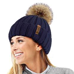 TOSKATOK® Womens Winter-Rib Strickmütze/Beanie mit abnehmbaren Chunky Faux Fur Bobble Pom Pom-Navy von TOSKATOK