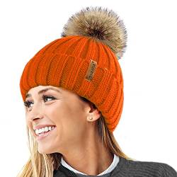 TOSKATOK® Womens Winter-Rib Strickmütze/Beanie mit abnehmbaren Chunky Faux Fur Bobble Pom Pom-ORANGE von TOSKATOK