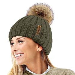 TOSKATOK® Womens Winter-Rib Strickmütze/Beanie mit abnehmbaren Chunky Faux Fur Bobble Pom Pom-Olive von TOSKATOK