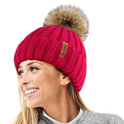 TOSKATOK® Womens Winter-Rib Strickmütze/Beanie mit abnehmbaren Chunky Faux Fur Bobble Pom Pom-RED von TOSKATOK