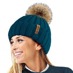 TOSKATOK® Womens Winter-Rib Strickmütze/Beanie mit abnehmbaren Chunky Faux Fur Bobble Pom Pom-Teal von TOSKATOK