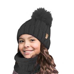 TOSKATOK Kinder Mädchen Winter gerippter Seestich Thermo warmer kuscheliger Fleece gefütterter Halswärmer Snood Schal mit Mütze Set von TOSKATOK