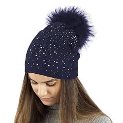TOSKATOK Ladies Fine Knit Winter Beanie Hat with Diamante Glitter Applique and Large Faux Fur Pompom-2 von TOSKATOK