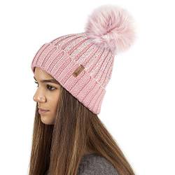 TOSKATOK Ladies Womens Girls Ribbed Knit Winter Beanie Bobble Hat with Stylish Silver Gold Metallic Foil Print & Large Faux Fur Pom Pom von TOSKATOK