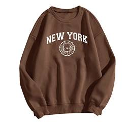 TOUPKO Grafik-Sweatshirts für Damen New York 1788 Briefdruck Rundhalsausschnitt Sweatshirt Herbst Casual Langarm Pullover Tops, Braun, M von TOUPKO