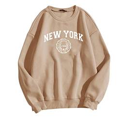 TOUPKO Grafik-Sweatshirts für Damen New York 1788 Briefdruck Rundhalsausschnitt Sweatshirt Herbst Casual Langarm Pullover Tops, Khaki, XS von TOUPKO