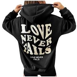 TOUPKO Hoodies für Frauen Love Never Fails Brief Print Grafik Kapuzen-Sweatshirts Casual Fall Lose Langarm Pullover Tops, Schwarz, XXL von TOUPKO