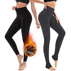 TOWINGO 2 Stück Thermo Leggings für Damen, Thermoleggings Winter, Hoher Taille Warme Gefütterte Leggings Mädchen, Schwarz + Grau von TOWINGO