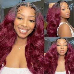 TQPQHQT Bob Perücke Damen Echthaar Perücke Lace Front Wig Perücke Rot 4x4 Lace Closure Wig 1B99J Burgundy Body Wave Wig Unprocessed Peruvian Human Hair Wigs Lace Front Perücke 12 Zoll von TQPQHQT