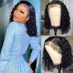 TQPQHQT Echthaar Perücke Human Hair Wigs For Black Women Bob Wig Black Color Water Wave Lace Wig With Baby Hair 4X4 Swiss Lace Closure Wigs Brazilian Hair Wigs 12 Zoll von TQPQHQT