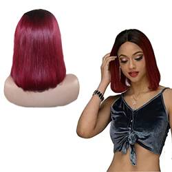 TQPQHQT Echthaar Perücke Perücke Rot Human Hair Wig 4x4 Lace Closure Wig 1B99J Lace Wig Straight Lace Front Wig Unprocessed Brazilian Virgin Hair Wig Ombre Wig 12 Zoll von TQPQHQT