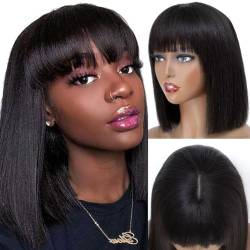 TQPQHQT Echthaar Perücke Short Bob Wig Human Hair Wigs For Black Women Yaki Wig 13X4 Lace Frontal Wig Natural Color Kinky Straight Wig Brazilian Remy Human Hair Wig 8 Zoll von TQPQHQT