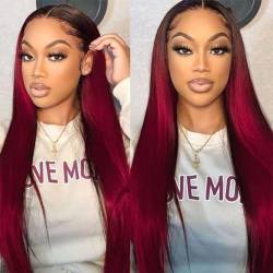 TQPQHQT Lace Front Wig Echthaar Perücke 1B99J Ombre Bone Straight Human Hair Wig 4X4 Lace Closure Wigs Perücke Rot Brazilian Remy Hair Wig With Natural Hairline 14 Zoll von TQPQHQT