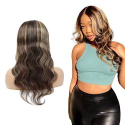 TQPQHQT Perücke Damen Echthaar Perücke 4x4 Free Part Lace Closure Wig Brazillian Human Hair Wigs Transparent Lace Wig Body Wave Wig P427 Highlight Wig Perücke Blonde 18 Zoll von TQPQHQT