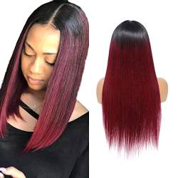 TQPQHQT Perücke Damen Echthaar Perücke Perücke Rot 1B/99J Ombre Wigs Lace Front Perücke Bone Straight Hair Wig 4x4 Transparent Lace Closure Wig Brazilian Human Hair Wig 12 Inch von TQPQHQT