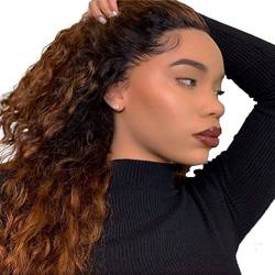 TQPQHQT Perücke Damen Echthaar Perücke Wig Human Hair 1B/30 Kinky Curly Wig Brazilian Hair Wigs For Black Women 4x4 Lace Closure Wig 150% Density Ombre Brown Color Wigs 18 Zoll von TQPQHQT