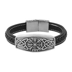 Nordic Viking Vegvisir Armband Für Männer - Edelstahl Keltischer Knoten Kompass Leder Geflochtenes Armband - Mode Vintage Wrap Wirstband Talisman Armreif Schmuck Geschenk ( Color : Silver_18CM ) von TQWSVUM